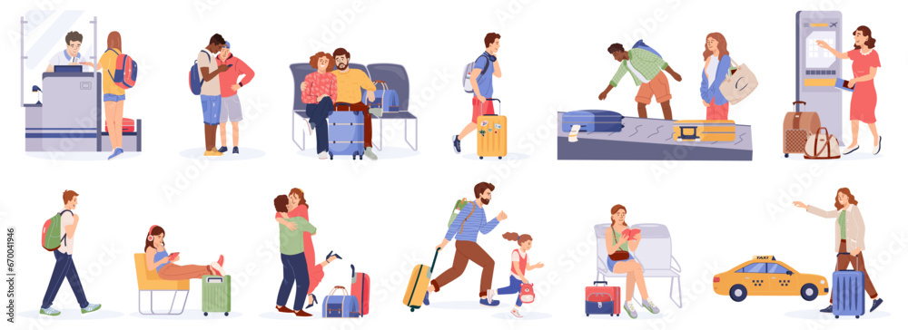 Set of people hurrying with suitcases navigating busy airports, stations Group of tourists with luggage arrival, departure Couple people with baggage traveling vacation Flat vector traveler characters