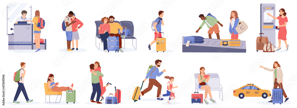 Fototapeta premium Set of people hurrying with suitcases navigating busy airports, stations Group of tourists with luggage arrival, departure Couple people with baggage traveling vacation Flat vector traveler characters