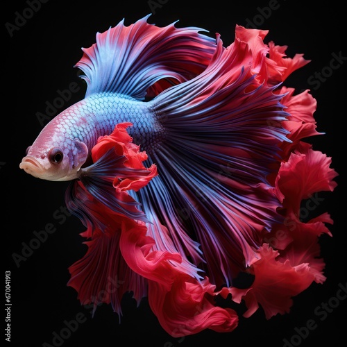 Betta fish or Siamese fighting fish in vibrant pink and purple, showing off its expanded fins and tail.
