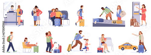 Set of people hurrying with suitcases navigating busy airports, stations Group of tourists with luggage arrival, departure Couple people with baggage traveling vacation Flat vector traveler characters
