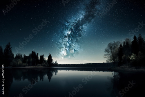 Starry Night: A Spectacular Display of the Milky Way Over a Tranquil Lake, ai generative © larrui