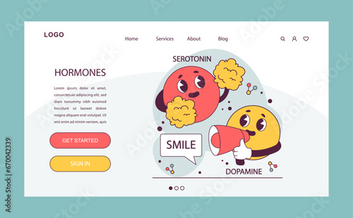 Endocrine system. Hormones function. Serotonin and dopamine effect. Happy chemicals cause positive mood. Flat vector illustration