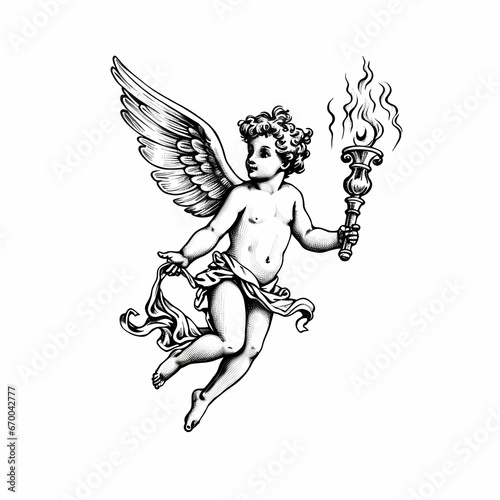 Flying little angel with a torch in his hand. Cute angel Cupid with wings. Black and white illustration. Design for tattoo, stickers