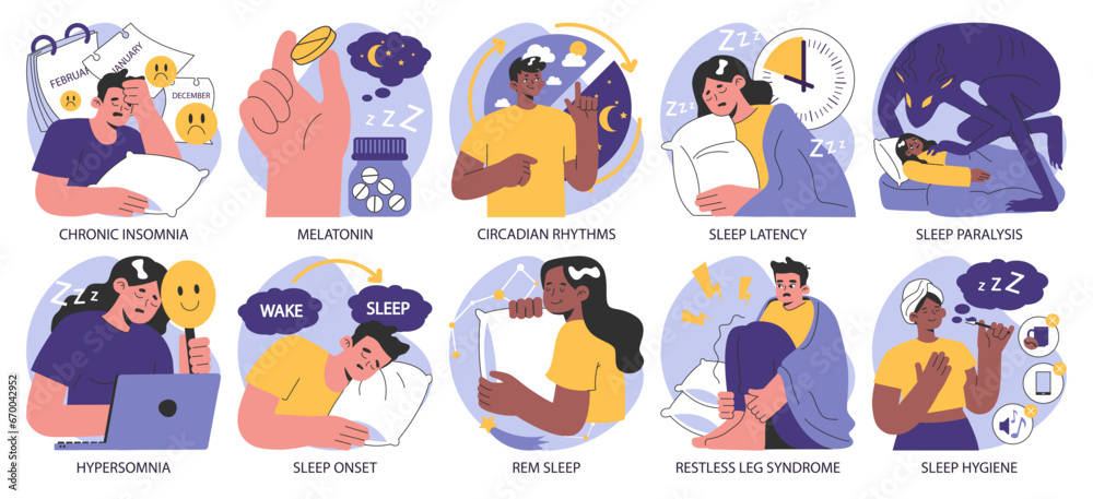 Insomnia set. Diverse characters suffering from sleep deprivation. Sleep and mental disorder. Sleep hygiene and stages. Circadian rhythm maintaining. Flat vector illustration. - obrazy, fototapety, plakaty 