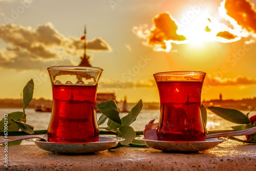 Turkish tea in the background of the maiden tower in Istanbul photo