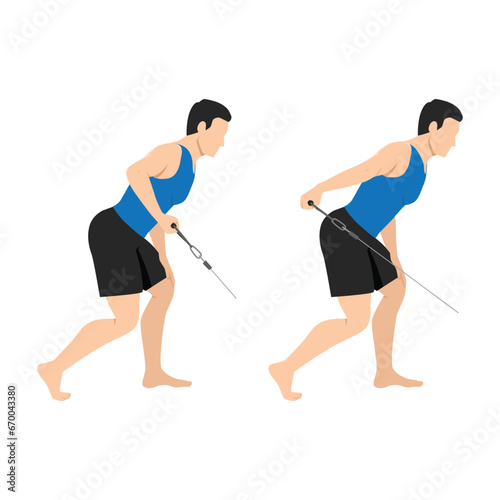Man doing low pulley tricep extensions. Cable tricep kickback exercise. Flat vector illustration isolated on white background