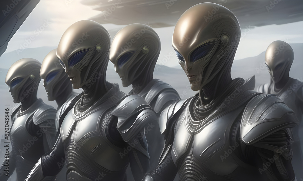 Atmospheric alien battle force with spaceships flying over. Generative AI Atmospheric alien battle force with spaceships flying over. Generative AI