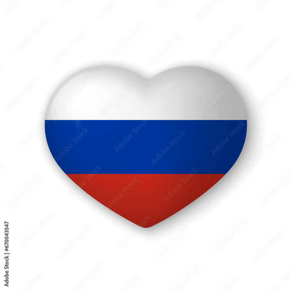 Fototapeta premium 3d heart with flag of Russia. Realistic vector element on white background with shadow underneath. Best for mobile apps, UI and web design.