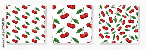 Cherry vector seamless patterns collection. Red berries with green leaves on white background.