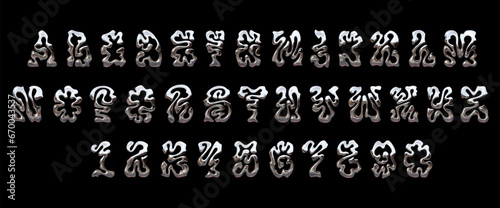 Chrome Y2K font, liquid metal vector alphabet with English letters and numbers. Shiny fluid 3D cyberpunk or retro-futuristic style with melted distortion forms