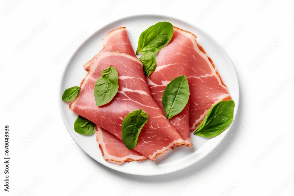 Slices of tasty ham and basil leaves nutrition. Natural italian meat food. Generate Ai Slices of tasty ham and basil leaves nutrition. Natural italian meat food. Generate Ai