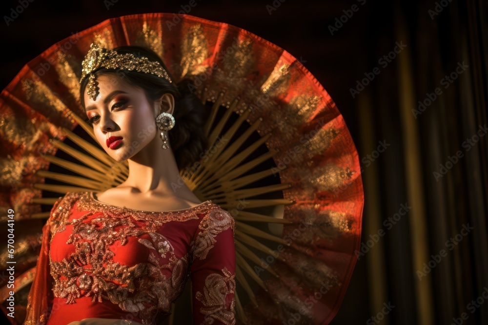 Beautiful Asian woman wearing traditional cheongsam dress with colorful flower wreath on head holding fan in isolated studio red background