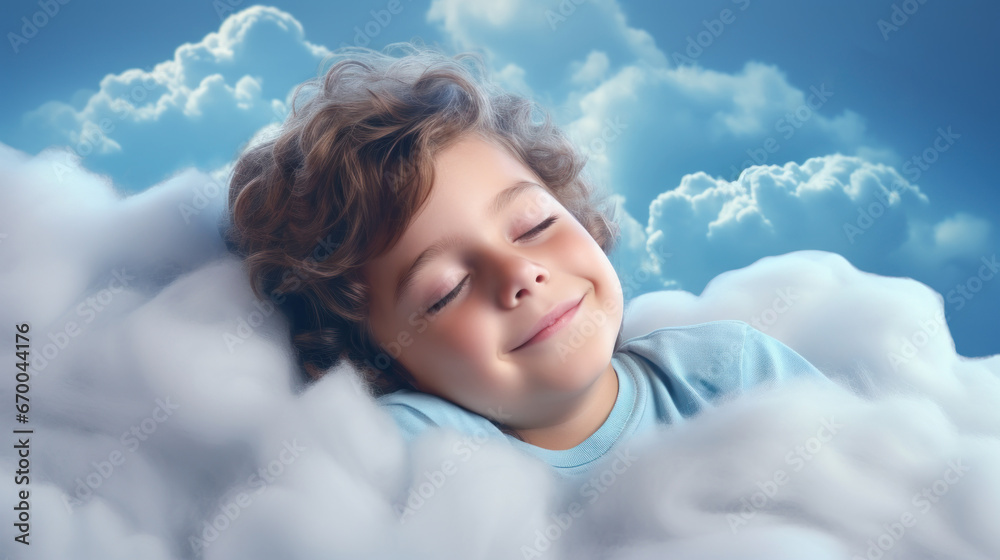 Cozy nap: cute happy little boy dreaming on a fluffy cloud, bedtime, naptime.
