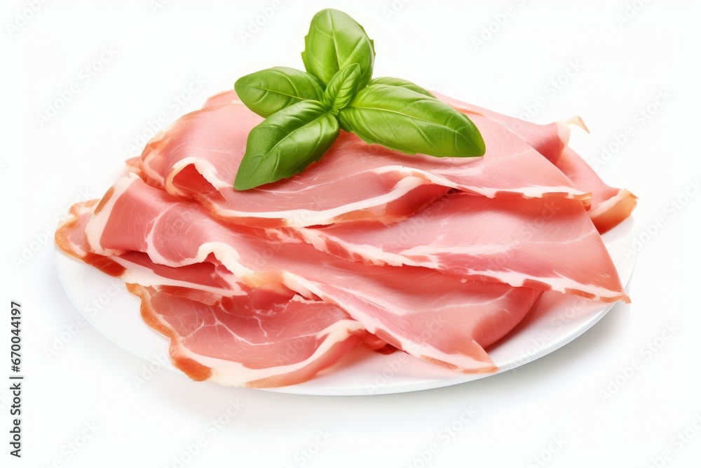 Slices of tasty ham and basil leaves on plate. Slice object smoked snack meat. Generate Ai Slices of tasty ham and basil leaves on plate. Slice object smoked snack meat. Generate Ai