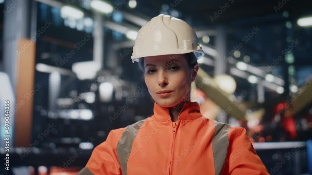 Woman putting protective helmet. Heavy industry worker smiling camera closeup