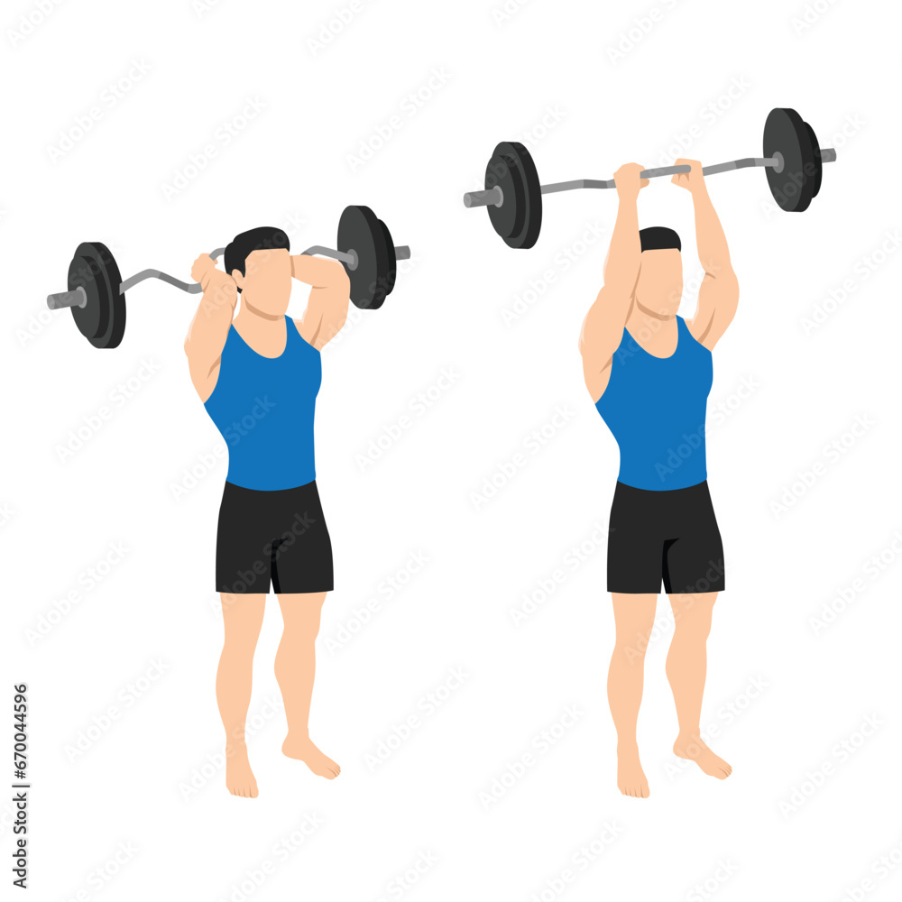 Obraz premium Man doing ez bar overhead inside grip tricep extension exercise. Flat vector illustration isolated on white background