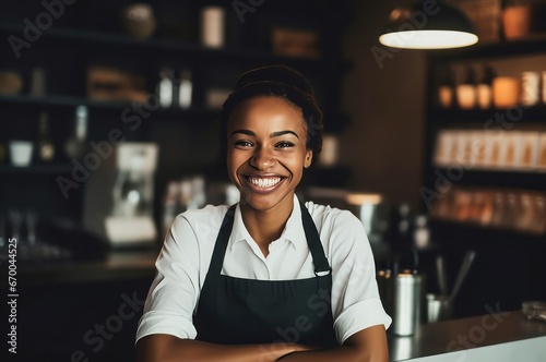 Smiling waitress cafe food portrait. Attractive work smile happy business. Generate AI