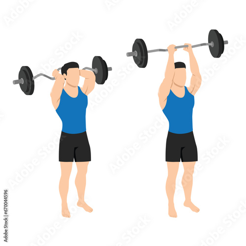 Man doing ez bar overhead inside grip tricep extension exercise. Flat vector illustration isolated on white background