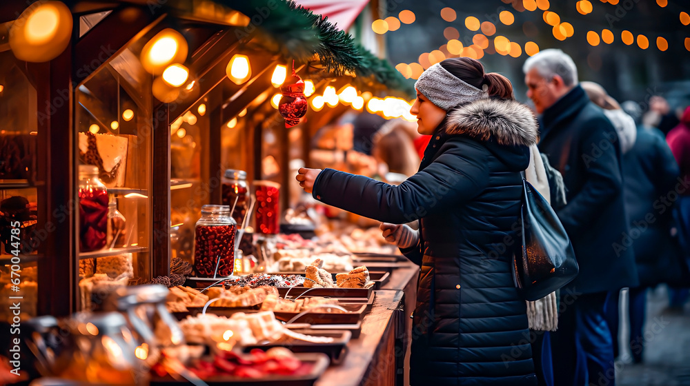 People buying gifts at a Christmas street market