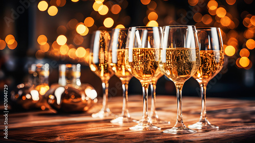 Glasses of champagne on a table during Christmas or New Year's celebrations