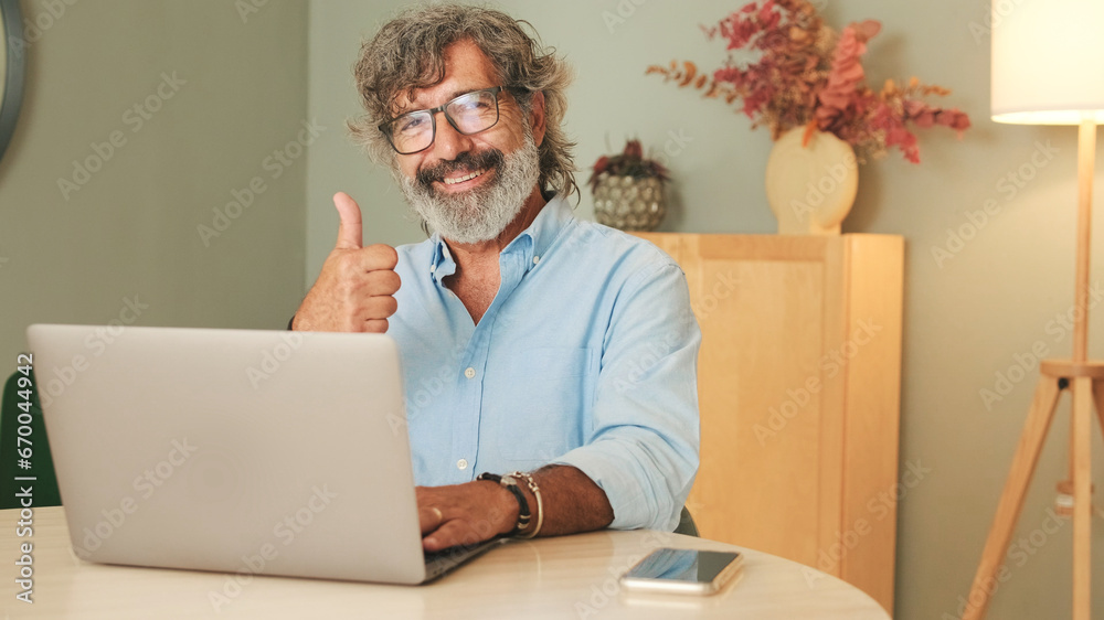 Happy senior man with gray hair wearing glasses, sitting in living-room with laptop and showing thumbs up while looking at camera Happy senior man with gray hair wearing glasses, sitting in living-room with laptop and showing thumbs up while looking at camera