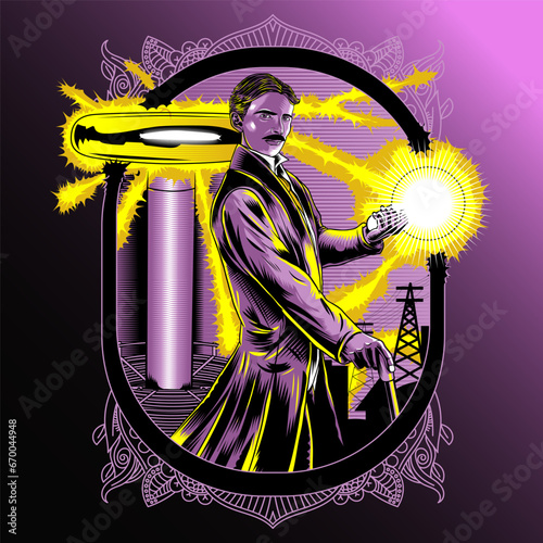 Vector Scientist Nikola Tesla illustration graphic design poster.