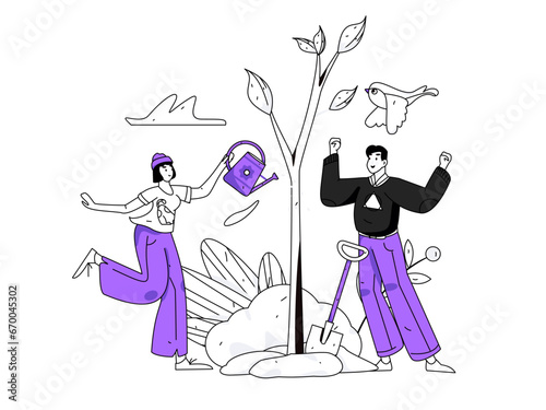 Flat character vector concept operation hand drawn illustration of planting trees on Arbor Day in spring 