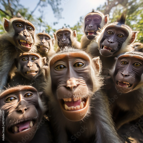 Group of monkeys with curious expressions, close-up.