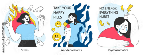Neurosis set. Chronic stress and anxiety mental disorder. Character feeling despair, suffering from panic attack. Psychotherapy and pharmacotherapy treatment. Flat vector illustration