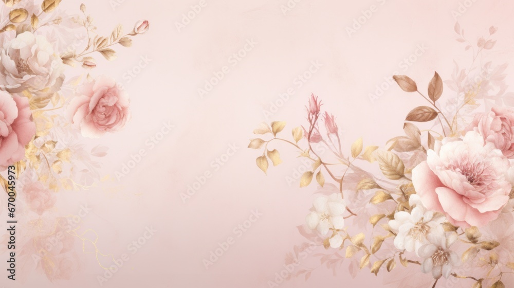 Minimalist wallpaper with golden flowers and botanical leaves.