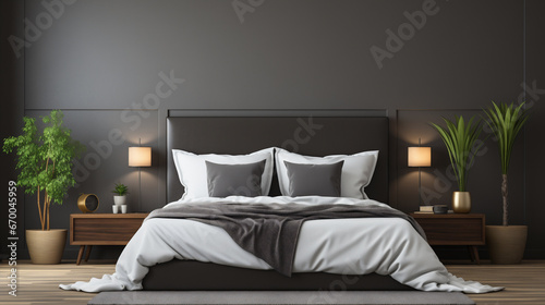 Bellissima camera da letto con toni grigio scuri e atmosfera elegante e minimalista photo