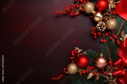 a luxury christmas border with christmas brance  gifts  pine tree leaf  little lamps decoration  red premium metal background for flat lay  generative ai