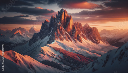 A majestic mountain peak during winter. The sky is painted with hues of orange and pink as the sun sets. Snow blankets the mountain