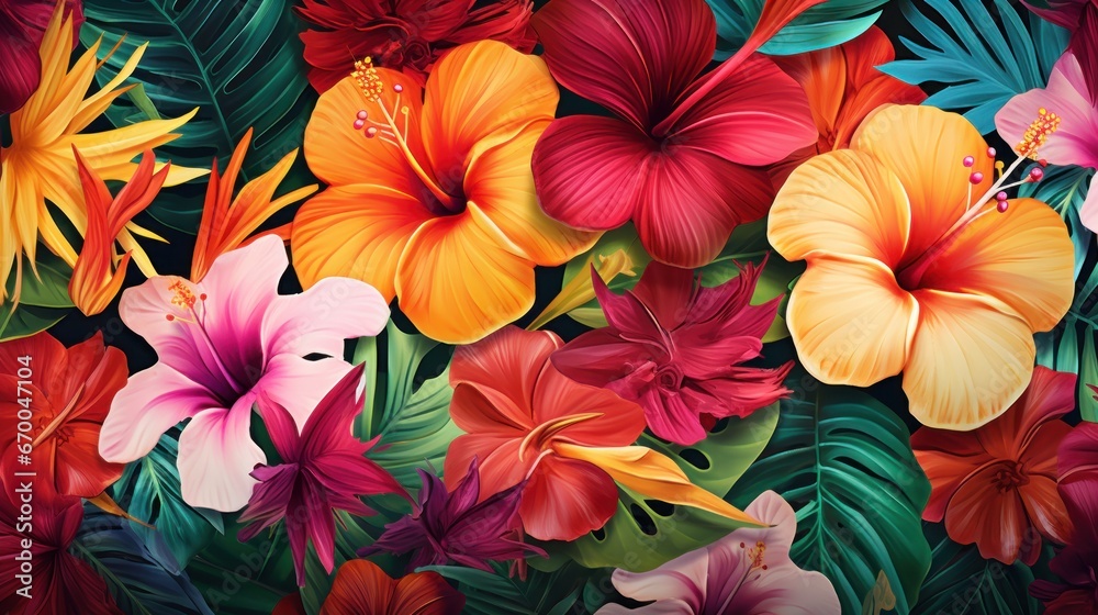 Tropical flowers, plants, leaves. Vector of an exotic Hawaiian flower pattern for a wallpaper.