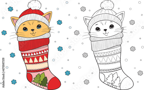 Cute Cat in Christmas Sock. Black and white lines. Coloring page for adults and kids. Activity Book.