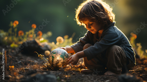 Child playing with Planet earth toy on a hill, forest background, Earth Day concept