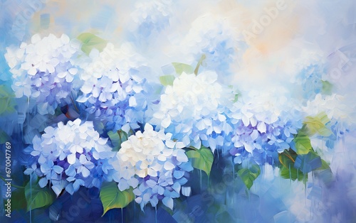 Delicate botanical floral background with hydrangea flowers, impressionist oil painting. Light blue blooming hydrangea in the garden or park.
