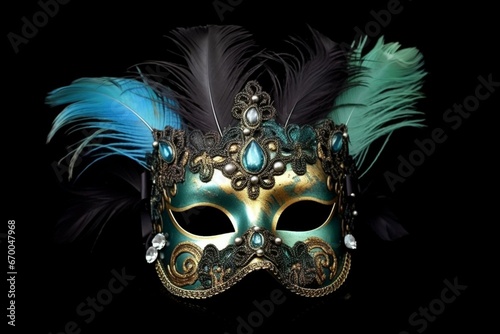 Black eye mask adorned with bright feathers, inspired by Venice's carnival. Generative AI