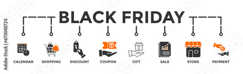 Black friday banner web with icon of calendar, shopping, discount, coupon, gift, sale, store, payment