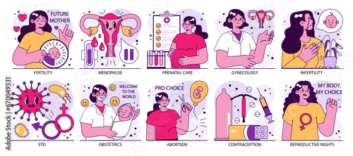 Reproductive health set. Pregnancy monitoring and gynecology disease diagnosis. Family planning and prenatal care. Female empowerment, abortion and contraception. Flat vector illustration