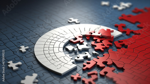 Red, black, white pieces of puzzle, jigsaw background with empty copy area. Business connection concept by generative AI.