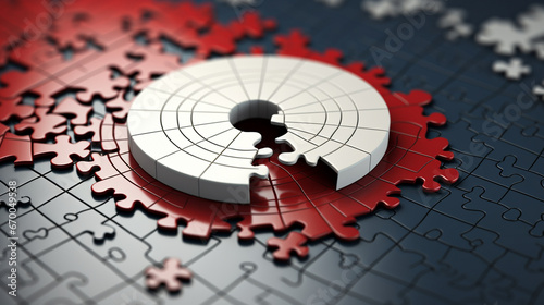 Red, black, white pieces of puzzle, jigsaw background with empty copy area. Business connection concept by generative AI.