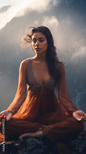 Beautiful young woman in a long dress practicing yoga in nature