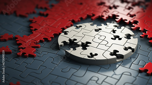 Red, black, white pieces of puzzle, jigsaw background with empty copy area. Business connection concept by generative AI.