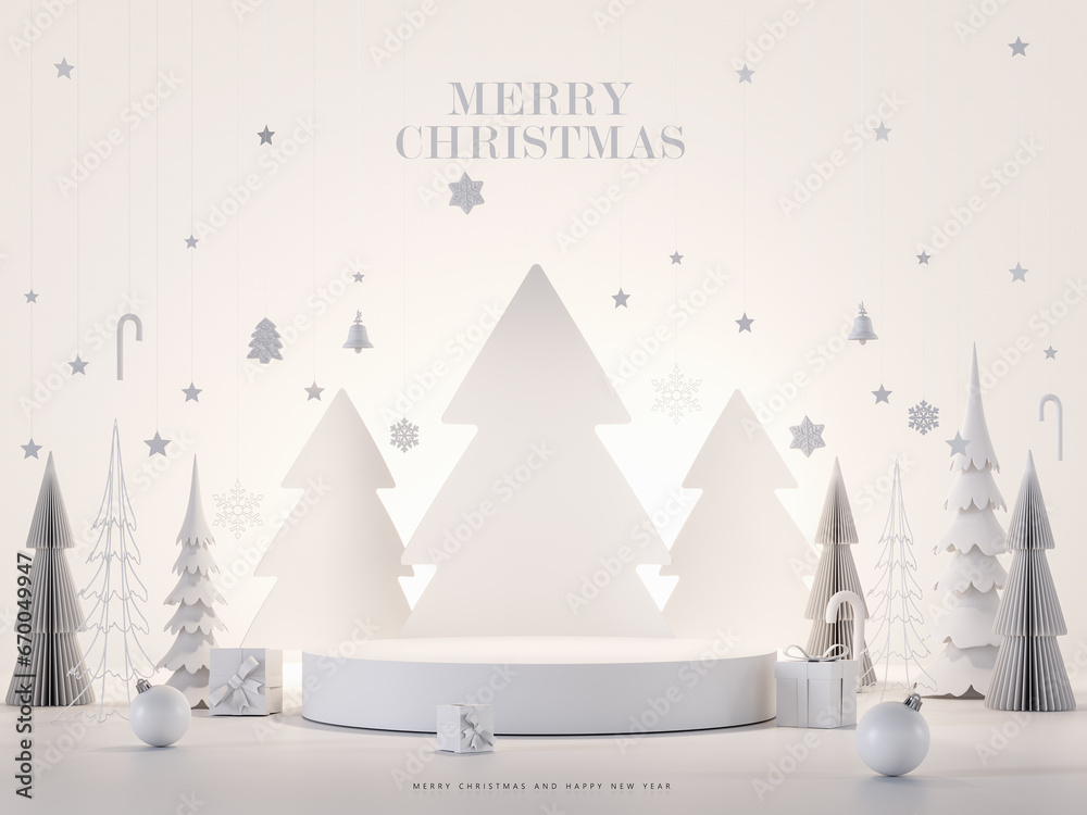 Christmas greeting card. White paper pine trees with empty stage for product presentation. Christmas mockup white background with empty podium and Christmas decoration. 3D Rendering, 3D Illustration
