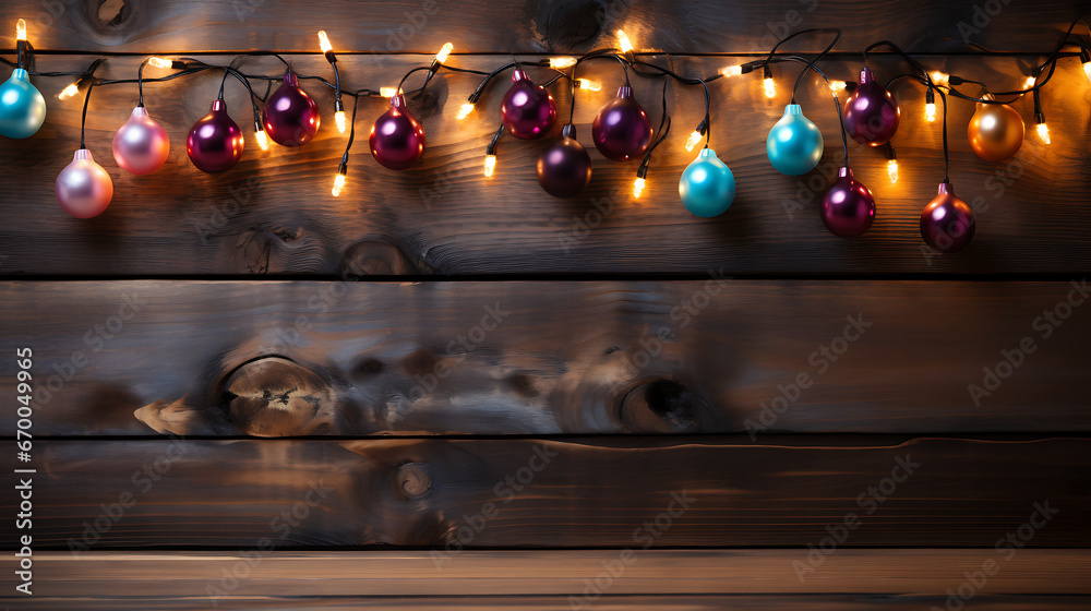 Colorful lights blurred with a wooden table, background, new year, blank design space, depth of field