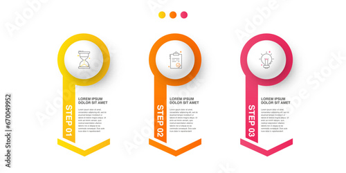 Vector modern infographic with 3 circles and arrows. 3D concept graphic process template with three steps and icons. Timeline for the business project on white background