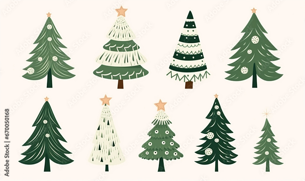 Icon set of fir trees. Decoration for New Year, winter holidays. Set of cartoon Christmas trees for greeting card. Stickers with simple background. Icon set of fir trees. Decoration for New Year, winter holidays. Set of cartoon Christmas trees for greeting card. Stickers with simple background.