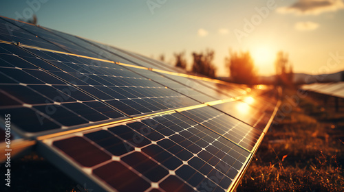 solar panels on the sunset close-up photo  background. Electric solar battery station panels cells. Clean ecological electricity production  renewable energy concept
