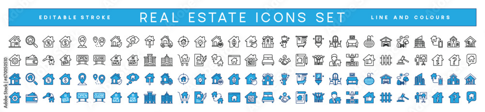 Real Estate minimal line and colors web icon set. House, realty, property, mortgage, home loan, rent, key, buy, insurance and more for app and website. Outline icons collection. Vector illustration Real Estate minimal line and colors web icon set. House, realty, property, mortgage, home loan, rent, key, buy, insurance and more for app and website. Outline icons collection. Vector illustration